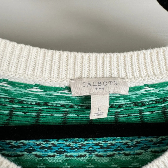 Talbots 100% cotton green and cream fair isle button cardigan sweater size L - Picture 2 of 6